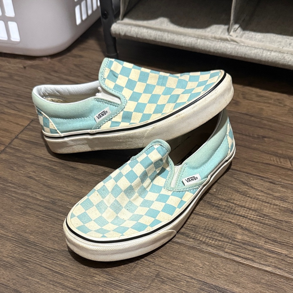 Vans Kids Aqua and Cream Checkered Slip-On Sneakers